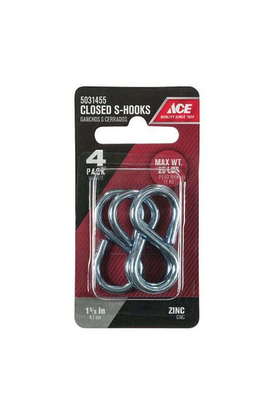 ACE 4-Piece High Quality Zinc Plated Steel Closed S-Hook Silver 1-5/8inch