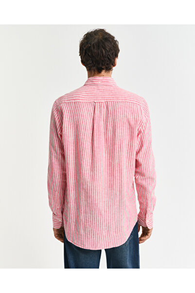Gant Erkek Kırmızı Regular Fit Düğmeli Yaka Çizgili Keten Gömlek