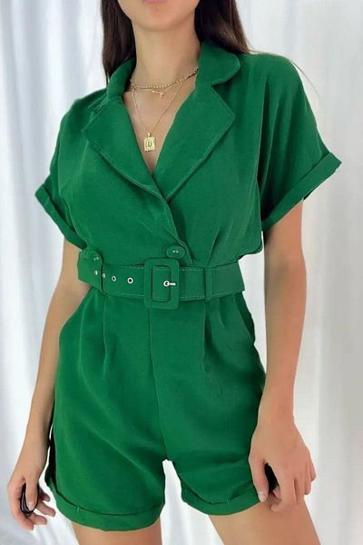 Mossta Double Breasted Collar Belted Mini Jumpsuit - Green