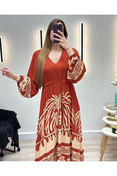 EL jadida Women's Patterned Plus Size Hijab Viscose Dress Red