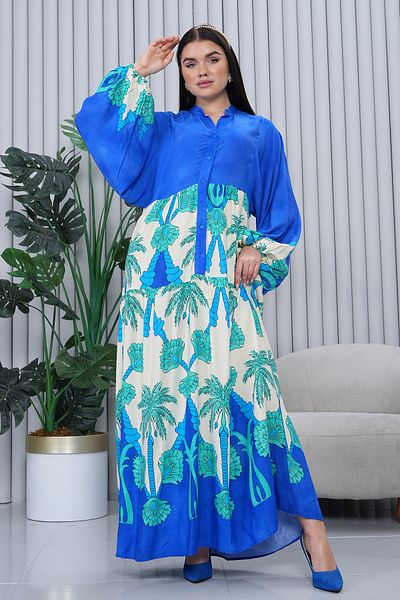 EL jadida Women's Patterned Plus Size Hijab Viscose Dress Saks Blue