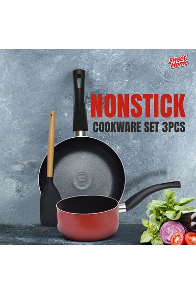 Sweet Home Non-Stick 3 pcs Cookware Set with Frypan and Sauce Pan - Heat-Resistant Handle, Laddle Included