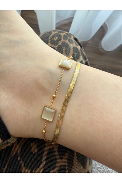Pinery Jewels Sedefli Kare Taşlı Çelik Kararmaz Kadın Halhal - Modern ve Şık ...