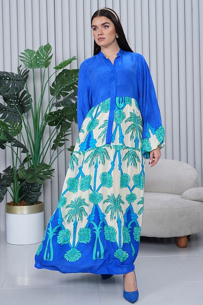 EL jadida Women's Patterned Plus Size Hijab Viscose Dress Saks Blue