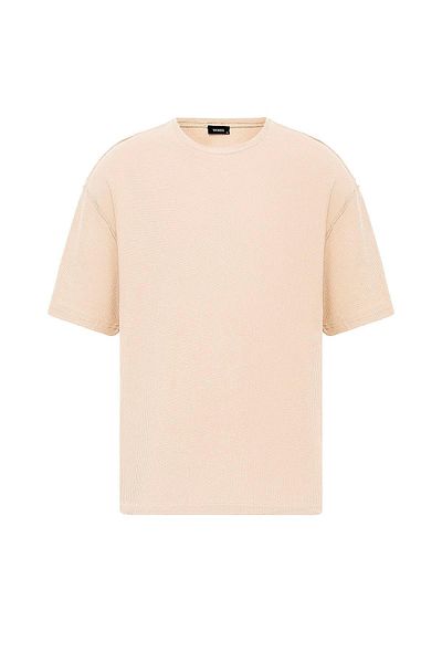 VAMOSCLO Back Text Printed Oversize Knitwear T-Shirt Beige