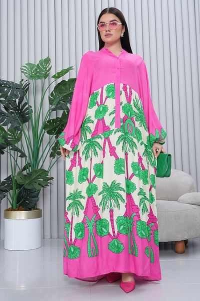 EL jadida Women's Patterned Plus Size Hijab Viscose Dress Fuchsia