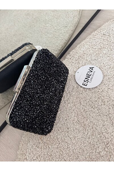 ESNEVA Kadın Çift Renk Siyah Pırlanta Taşlı Şık Tasarım Abiye El Çanta