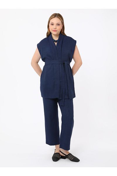 ALİA Plus Size Vest and Trousers Set - Navy Blue - Alia