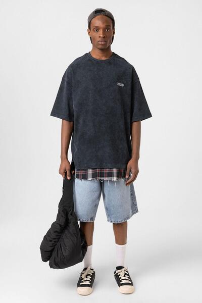 VAMOSCLO Yıkamalı Oversize Ekose Detaylı Tişört Siyah