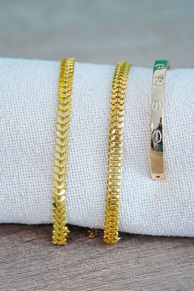 Lisinya Fishbone, Caterpillar and Flat Velcro Model Gold Color Non-Tarnish Combination Bracelet - Lisinya