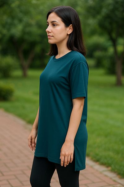 Birol Triko Women's Summer Short Sleeve Slit Petrol Blue Color Tunic