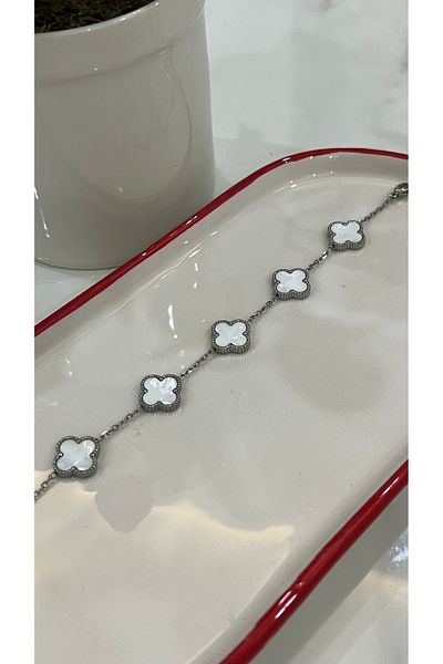 DUSK Silver Cleef Model White Steel Clover Bracelet