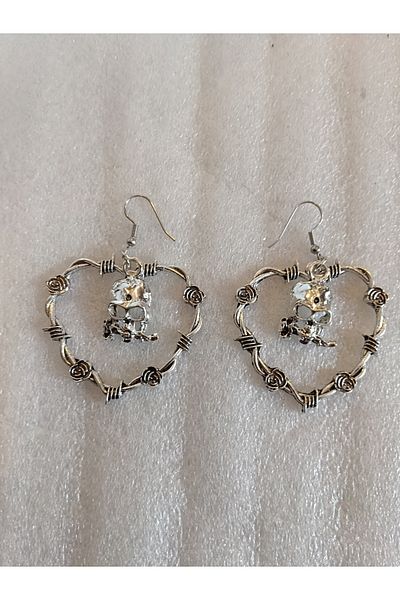 Butik Tülin Authentic Silver Metal Rose Skull Big Heart Dangle Earrings 6.5X4.8Cm Made in Thailand