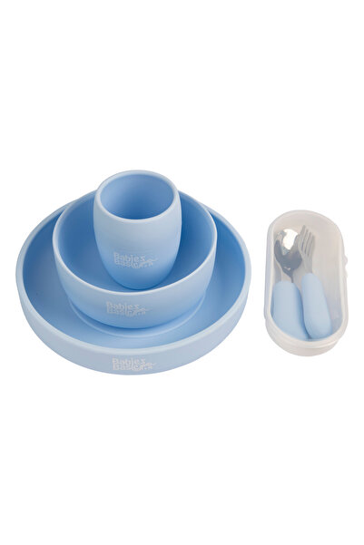 Babies Basic مجموعة بيبيز بيسيك من 5 قطع مع طبق سيليكون ووعاء وكوب وأدوات مائدة من الفولاذ المقاوم للصدأ مع حقيبة - أزرق