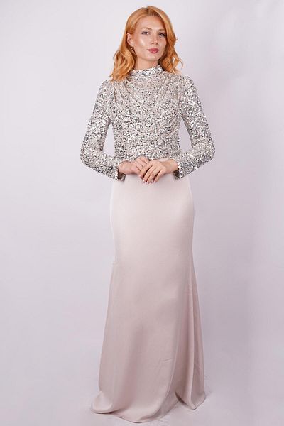 SpringStore Beige Degaje Collar Sequined Evening Dress
