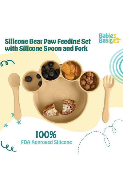 Babies Basic 3 Piece Silicone Feeding Set, with Silicone Suction Plate, Spoon and Fork - Beige