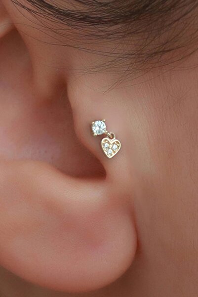 Bayar Gold 14 Ayar Altın Taşlı Kalp Sallantılı Tragus Piercing