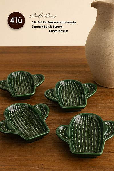 Anadolu Saray 4-Piece Cactus Design Handmade Ceramic Serving Presentation Bowl Sauce Bowl Jam Bowl Treat