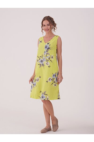 Ezgi Otantik Solo Çiçek Desenli Keten Elbise