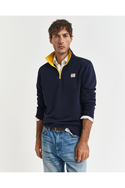 Gant Erkek Lacivert Regular Fit Yarım Fermuarlı Logolu Sweatshirt