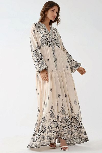 Hiccup Button Detailed Printed V-Neck Long Dress