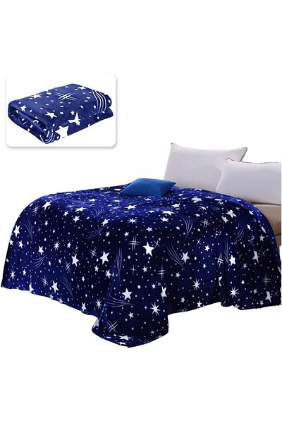 Fabienne Blue Star Print Flannel Blanket Single 150x200cm Silky Soft 280 GSM Cozy Throw