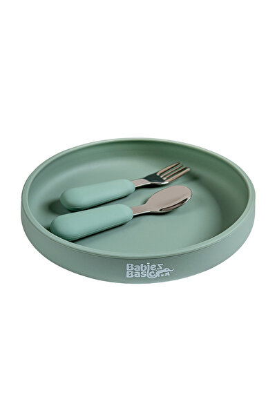 Babies Basic Silicone Feeding Set with Silicone Suction Plate, Spoon and Fork...