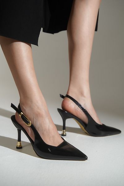 lovitto Women's Patent Leather Gold Heel Black Stiletto Black Shoes