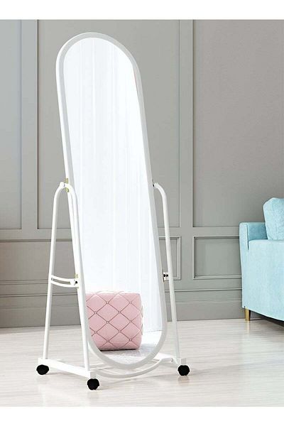 Taimi Floor Standing Movable Mirror with Adjustable Stand and Wheels Bedroom Living Room White 160x31cm