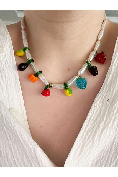 CHARMLUCKY Murano Glass Fruit Charm Pearl Necklace