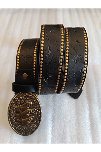 Butik Tülin حزام كاوبوي من الجلد الصناعي الأصلي للجنسين مطبوع عليه حصان أسود ...