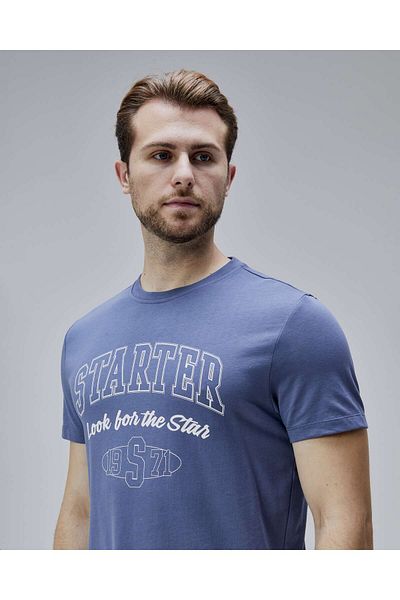 Starter Barnes Navy Blue Crew Neck Printed Standard Fit Men's Tshirt