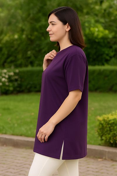 Birol Triko Women's Summer Short Sleeve Slit Plum Color Tunic