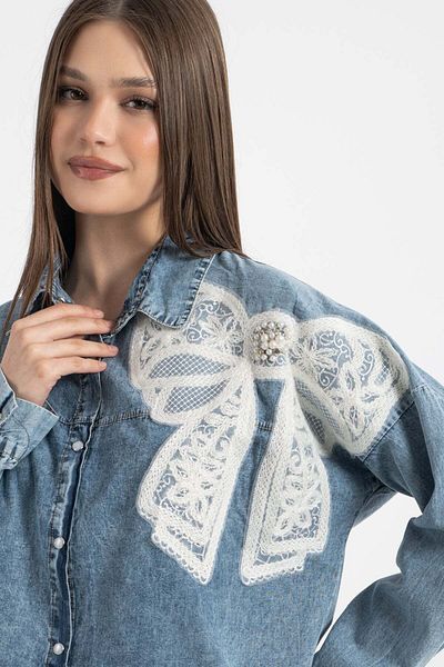 Hatun Atila Ribbon Embroidered and Pearl Detailed Denim Suit 7978