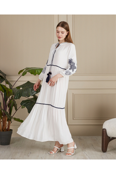 EL jadida Γυναικείο Κεντημένο Μακρύ Φόρεμα Βισκόζης Plus Size Λευκό