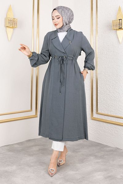 Tesettür Dünyası Collar Zipper Detail Drawstring Waist Cap Tsd250181 Smoked
