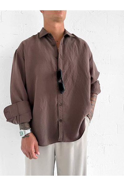 ablukaonline Ανδρικό Premium ριγέ μακρυμάνικο πουκάμισο Oversize καφέ
