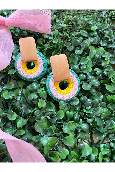PONÇİK ACCESSORİES Colorful Paper Thread Woven Wooden Detailed Round Earrings - Straw Earrings