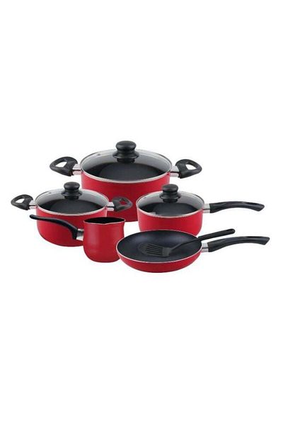 DELCASA 9-Piece Non-Stick Cookware Set Red Aluminum Body With 3-Layer Non-Stick Coating