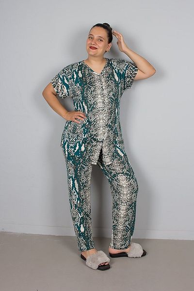 Truva XXL Patterned Lycra Viscose Buttoned Plus Size Pajama Set