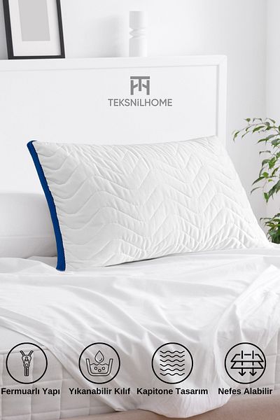 TeksNil Home Zippered Air Conditioned Pillow 900 Gram Quilted Beaded Silicone Pillow Blue 50X70 cm