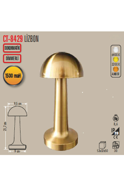 Flora Elektromarket Cata Marka 3 Işık Renkli Şarjlı Dim Edilebilir Masa Lambası Gold Renk