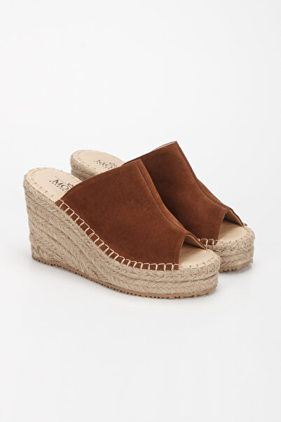 PASSAGE SHOES Women's Genuine Leather Straw Wedge Heeled Slippers 6323 Taba Suede