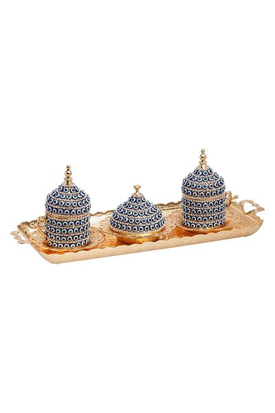 AiroBazar Evil Eye Patterned Coffee Cup Set for 2 |   Presentation Set with Turkish Delight and Tray
