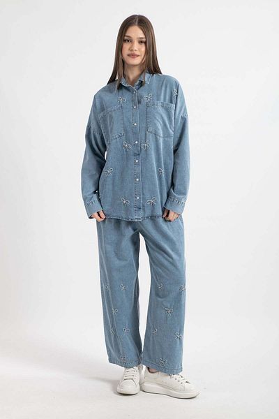Hatun Atila Ribbon Embroidered and Stone Detailed Denim Suit 8775