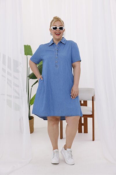 Siyezen Plus Size Polo Neck Button Jean Dress