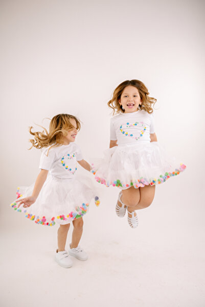 geef kıds Girl's 2-Piece Set Printed Short Sleeve T-Shirt Top with Elastic Waist Pompom White Tutu Skirt Bottom