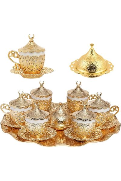 AiroBazar Crescent Dome 6-Person Motif Espresso Cup Set |   Coffee Presentation Set with Tray and Turkish Delight