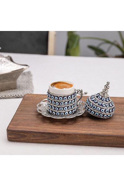 AiroBazar Evil Eye Patterned Coffee Cup Set for 2 |   Presentation Set with Turkish Delight and Tray