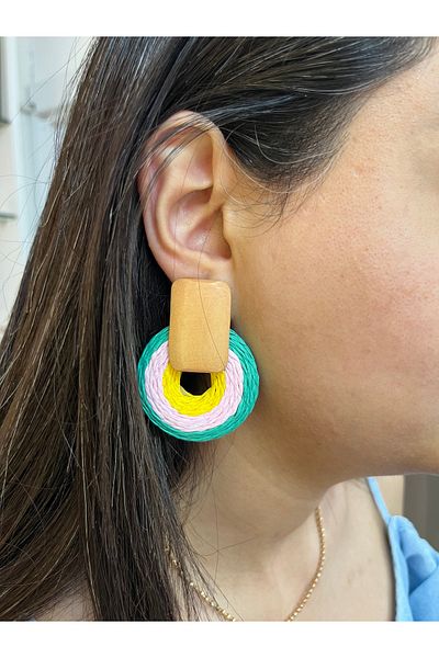 PONÇİK ACCESSORİES Colorful Paper Thread Woven Wooden Detailed Round Earrings - Straw Earrings